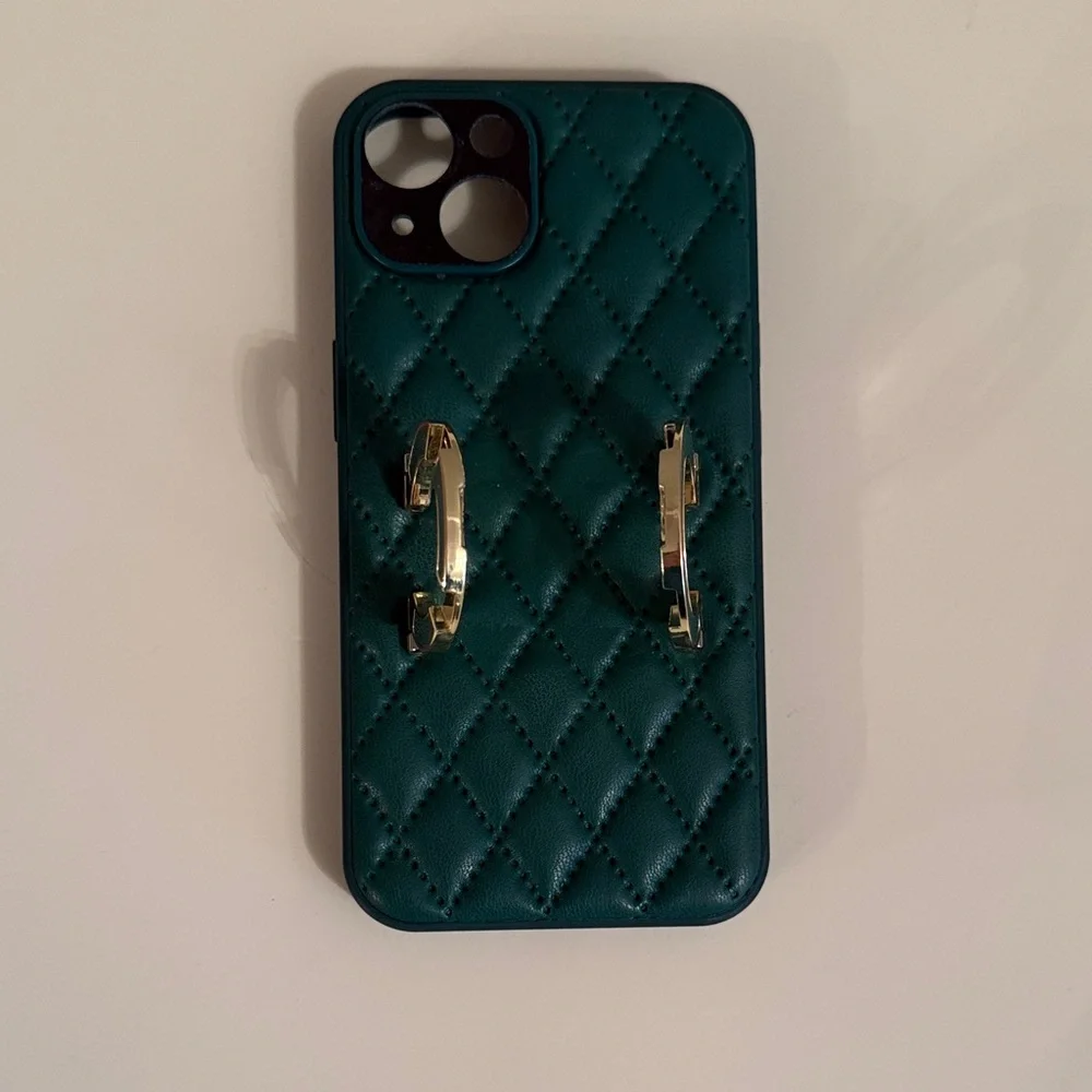 Green Quilted Faux Leather Phone Case with Gold CC Accent, iPhone 14